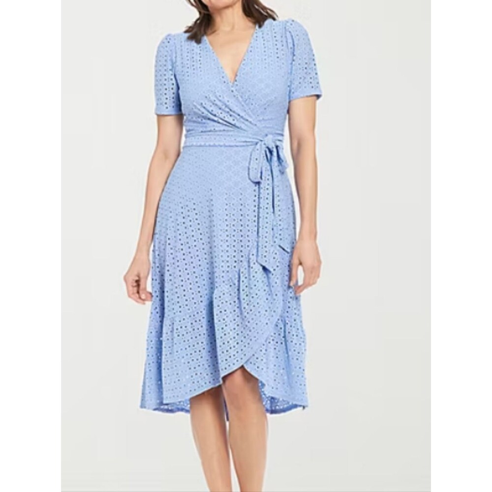 London Style Collection Light Blue Eyelet Faux Wrap Midi Dress Size 18